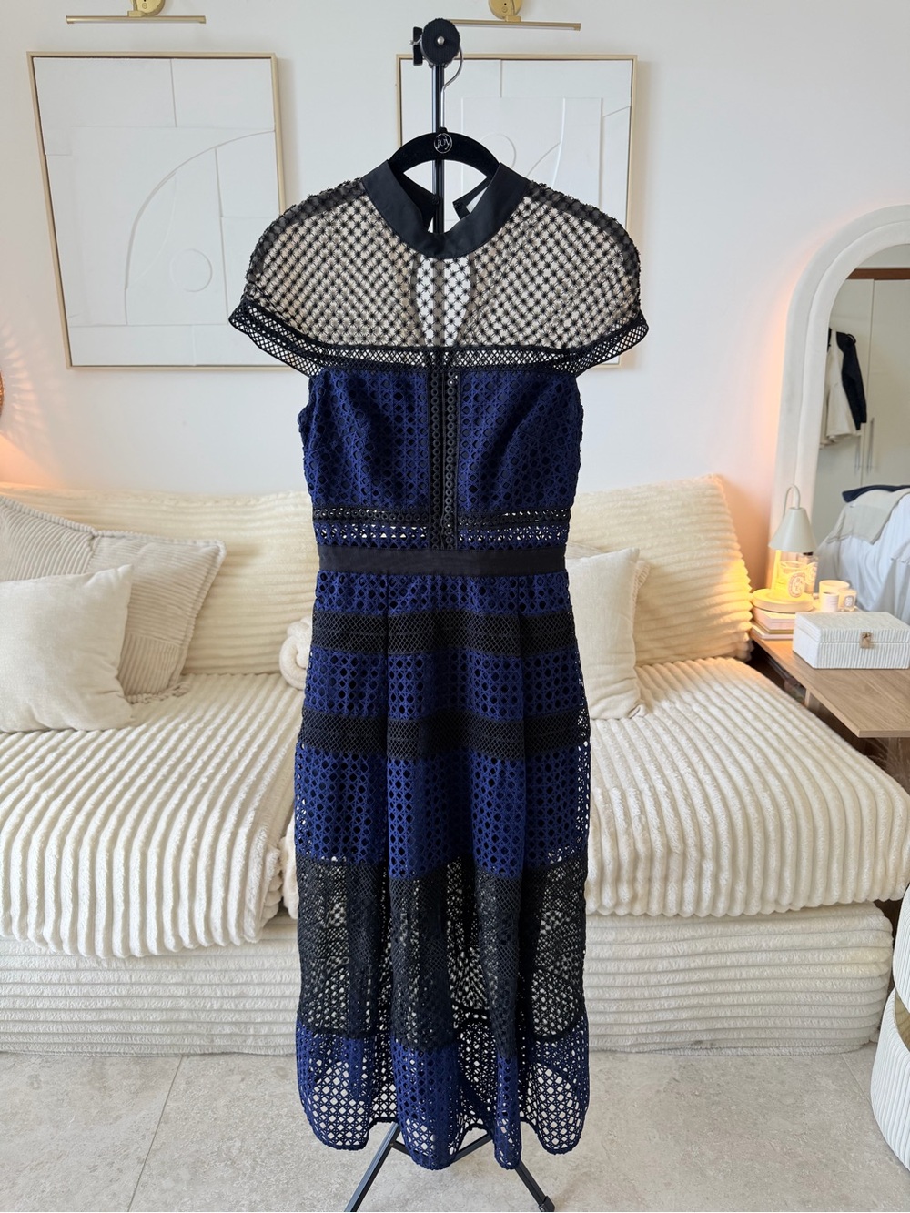 Self-Portrait Navy Black Lace Mesh Midi Dress US 2 UK 6